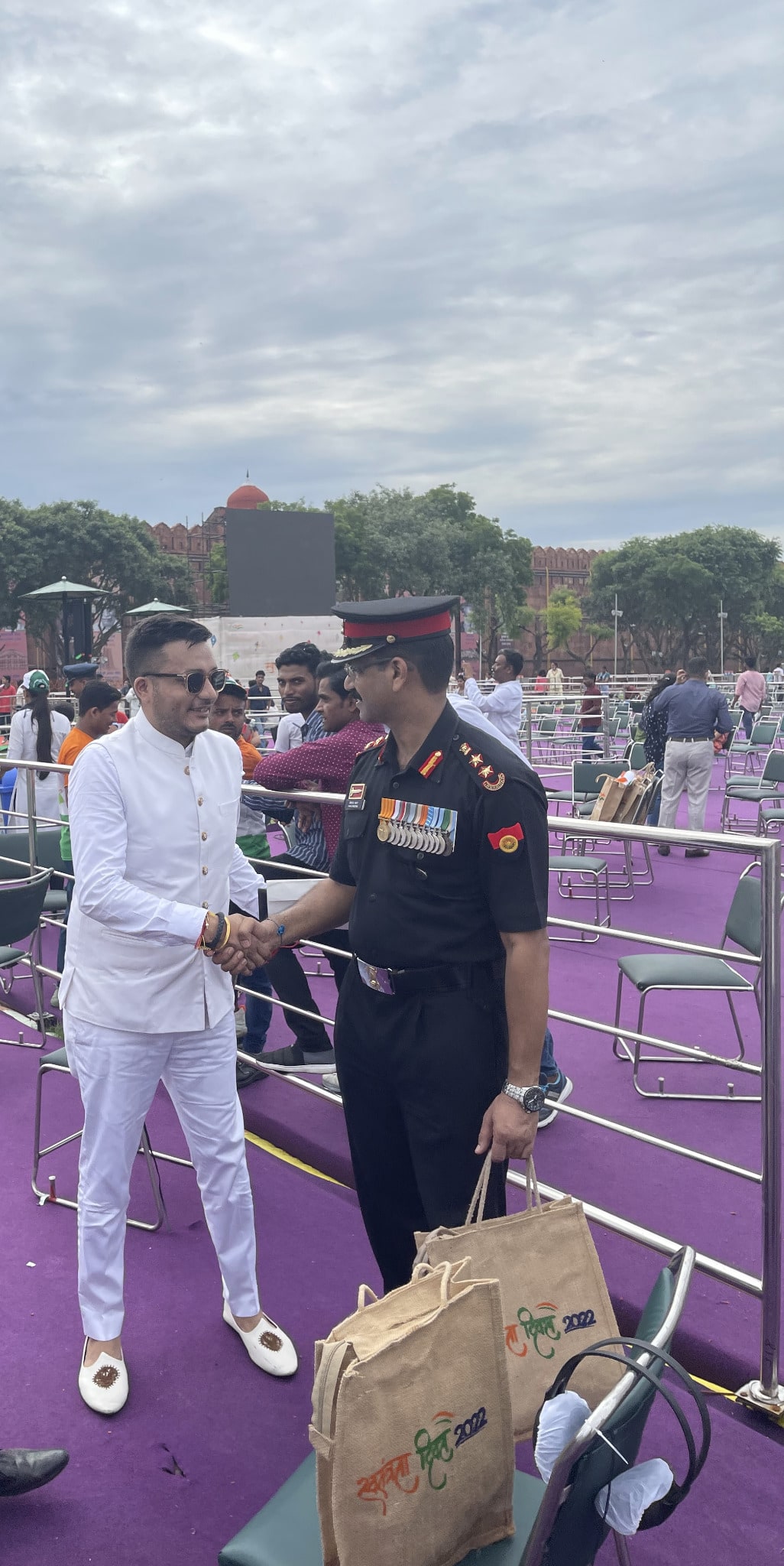 Nitish Jindal greeting an unidentified Indian Army Colonel from The Grenadiers at the Red Fort on 15 August 2022